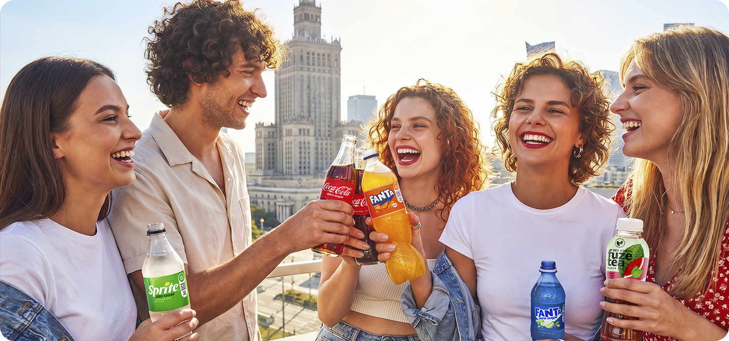 Grupa młodych ludzi delektujących się produktami Coca-Coli
