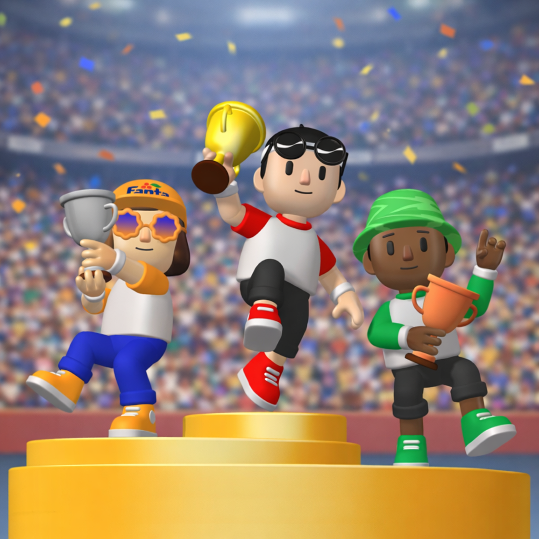 Three animated characters celebrate with trophies on a winner’s podium in a stadium.