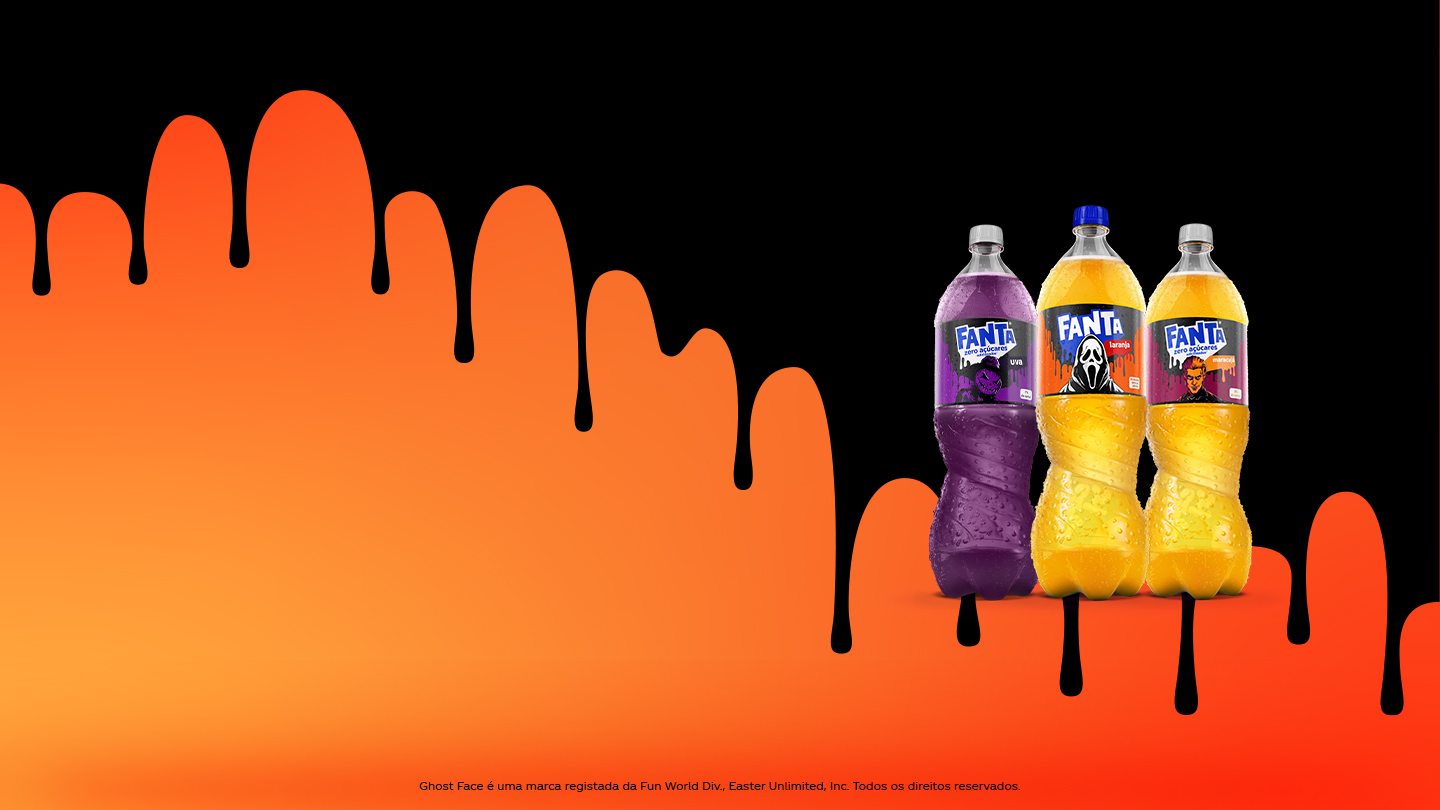 Embalagens de edição limitada da Coleção Assombrada Fanta Halloween: Fanta Laranja em lata 330 ml e PET 1,5 L, Fanta Uva PET 1,5 L e Fanta Maracujá PET 1,5 L.