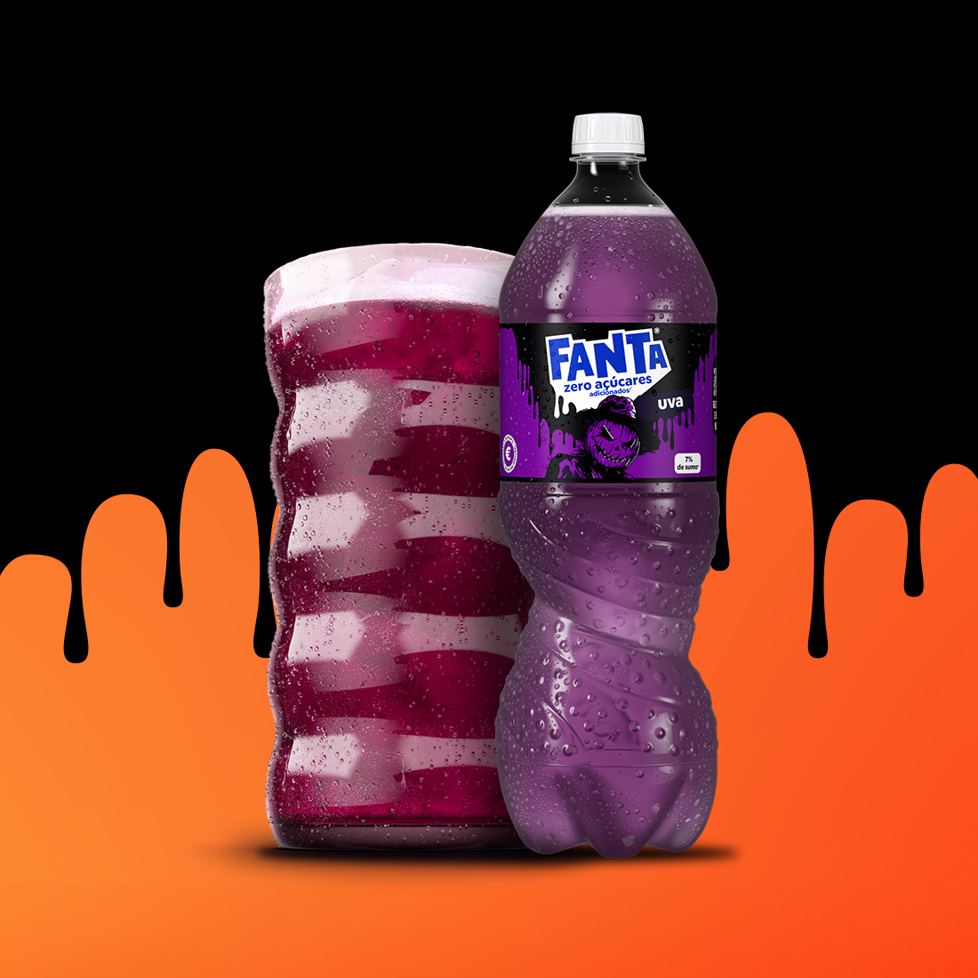 Garrafa PET 1,5 L de edição limitada Halloween de Fanta Uva, com decoração de Halloween.
