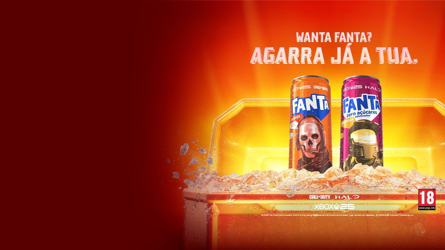 Baú de prémios iluminado com gelo e duas latas de Fanta no interior, acompanhado da mensagem “Wanta Fanta? Agarra já a tua