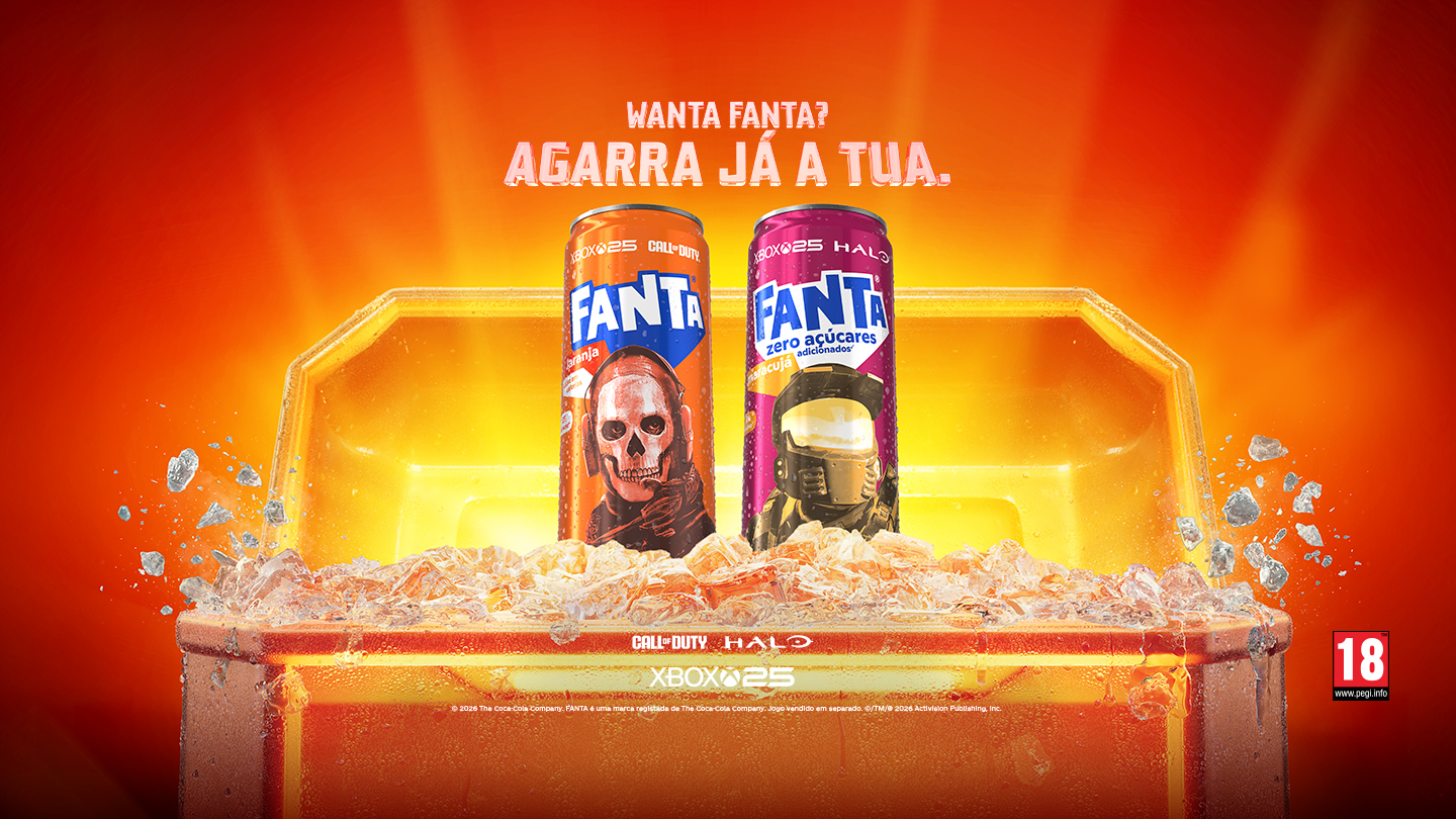 Imagem promocional com um baú aberto cheio de gelo e latas de Fanta, simbolizando prémios da campanha Wanta Fanta.