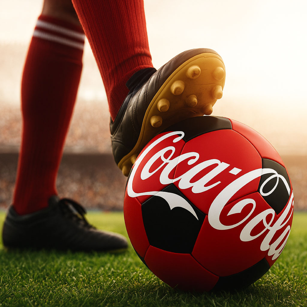 Chuteira de futebol apoiada sobre uma bola vermelha com o logótipo da Coca‑Cola, num relvado, com um estádio desfocado ao fundo e luz quente de fim de dia.