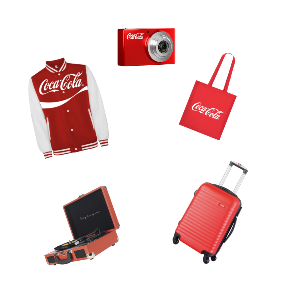 Coleção de prémios Coca‑Cola incluindo casaco vermelho, tote bag, gira‑discos, máquina fotográfica e mala de viagem.