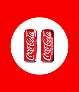 Ícone vermelho com duas latas de Coca‑Cola representando a compra de produtos participantes.