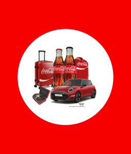 odutos promocionais Coca‑Cola e MINI Cooper apresentados como prémios da campanha.