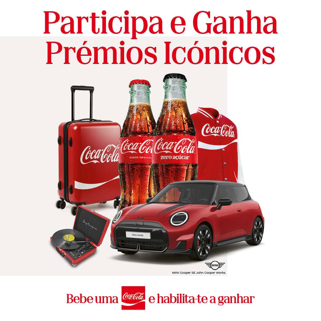 Cartaz promocional Coca‑Cola com MINI Cooper vermelho, garrafas Coca‑Cola e prémios exclusivos.