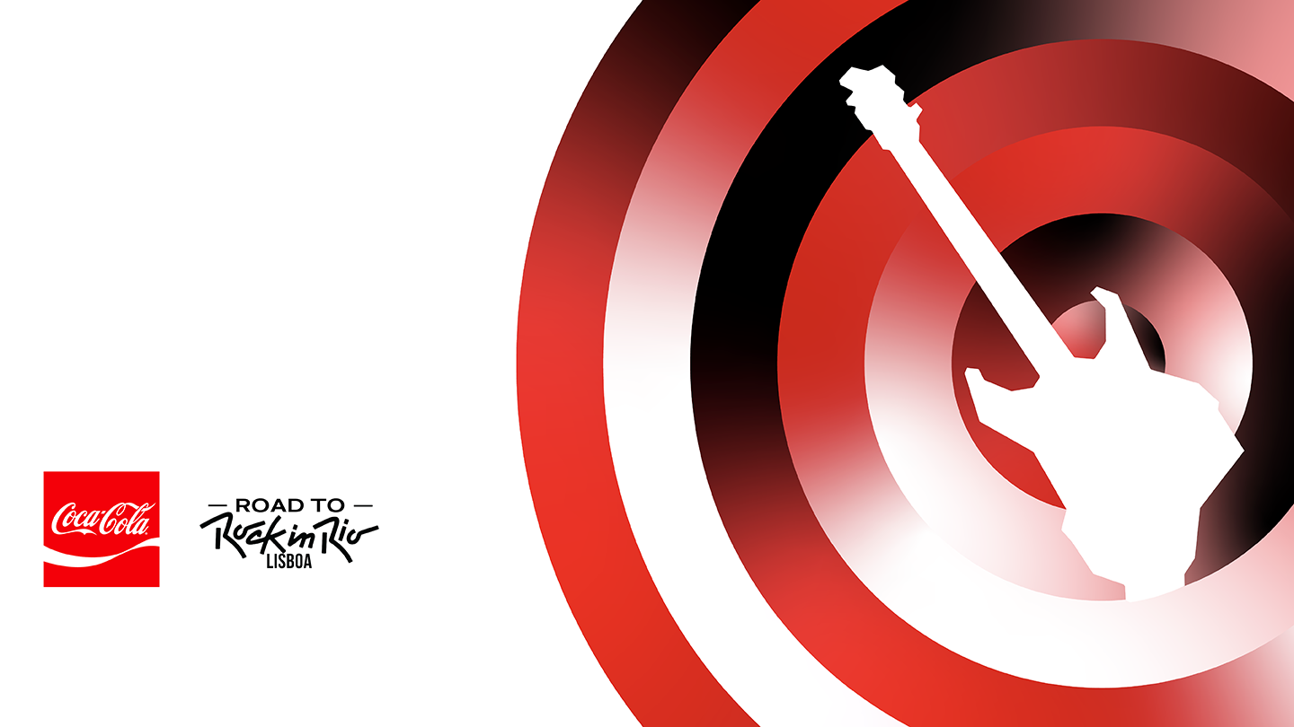 Grafismo da campanha Road to Rock in Rio Lisboa com silhueta de guitarra sobre círculos vermelhos e logótipo Coca‑Cola.