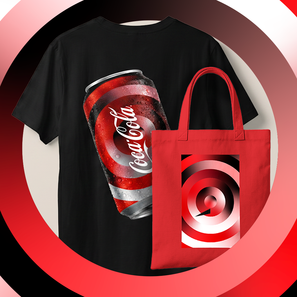 Merchandising Coca‑Cola: t‑shirt e tote bag.