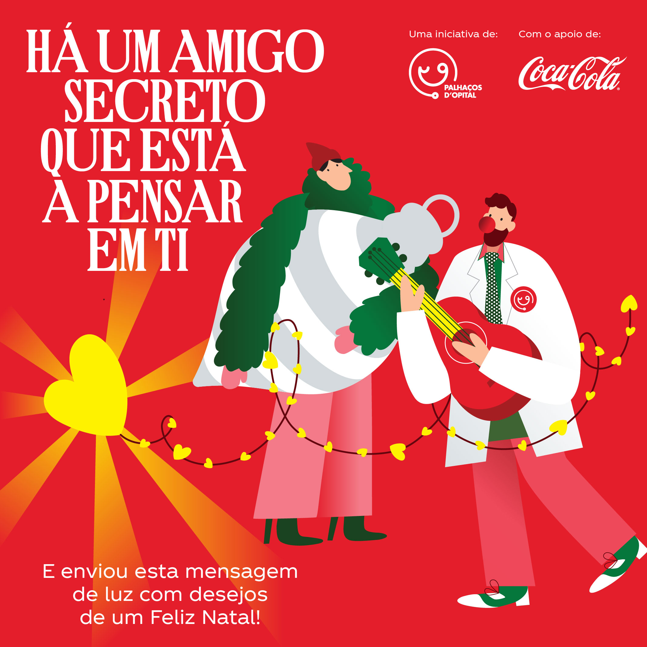 Ilustração natalícia com duas figuras; uma segura um coração amarelo brilhante e a outra toca guitarra decorada com luzes, sobre fundo vermelho com mensagem de amizade secreta.