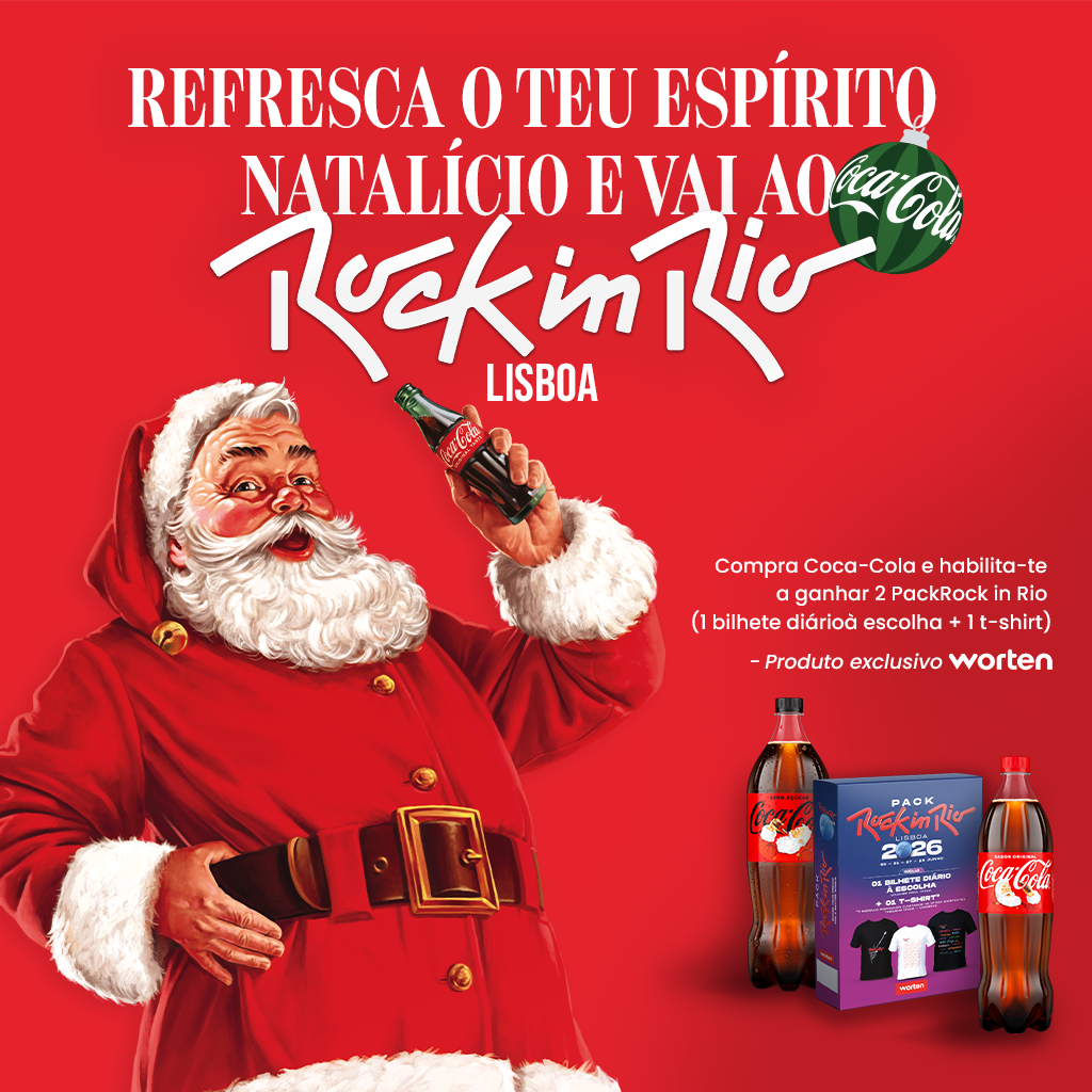 Imagem promocional com figura do Pai Natal segurando uma garrafa de Coca-Cola, sobre fundo vermelho, acompanhada de texto que promove a participação no Rock in Rio Lisboa e mostra garrafas de Coca-Cola e um pack de prémios.