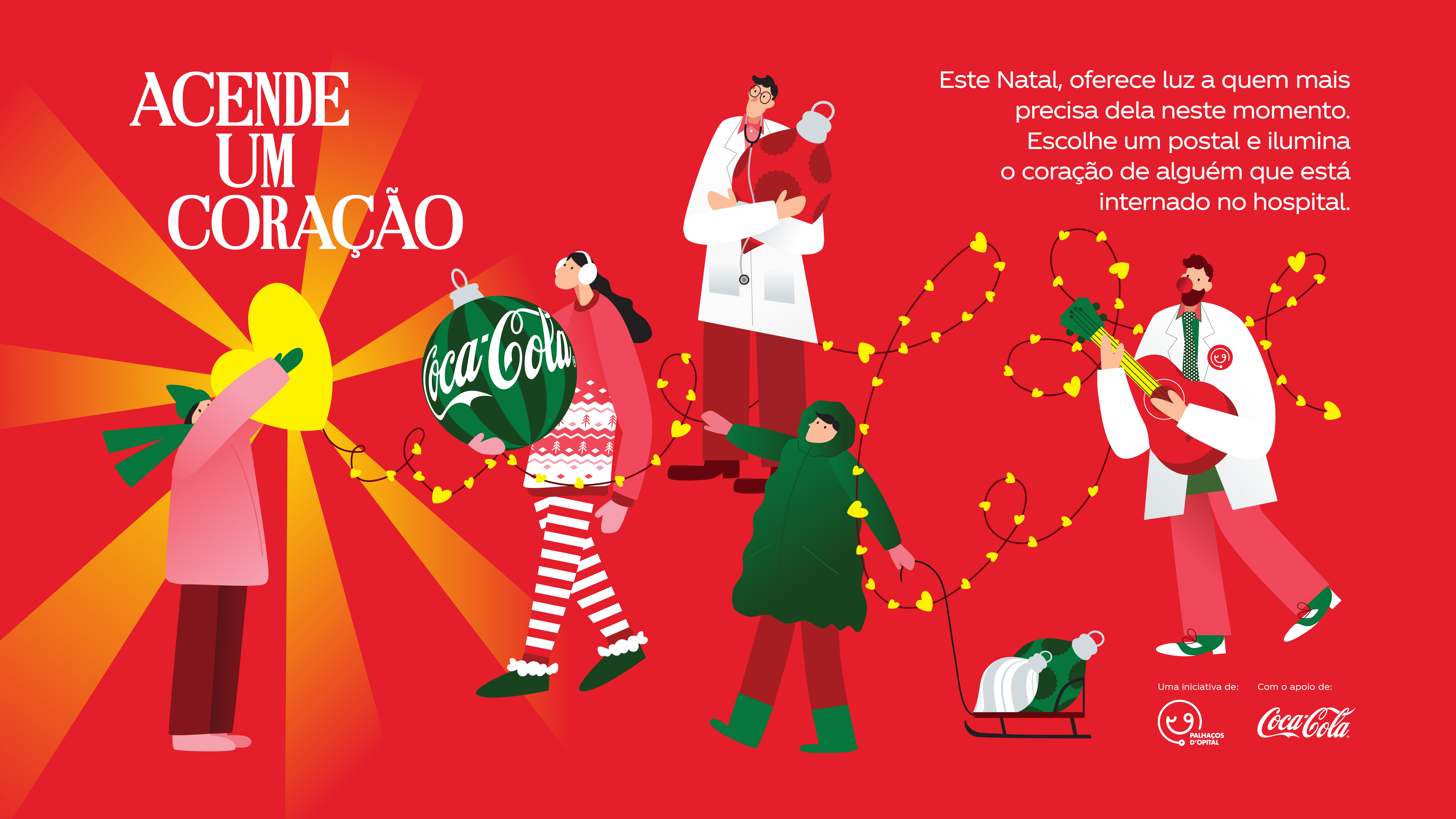 Ilustração natalícia com duas figuras; uma segura um coração amarelo brilhante e outra segura uma corda que puxa um trenó com presentes, sobre fundo vermelho com mensagem de amizade secreta.