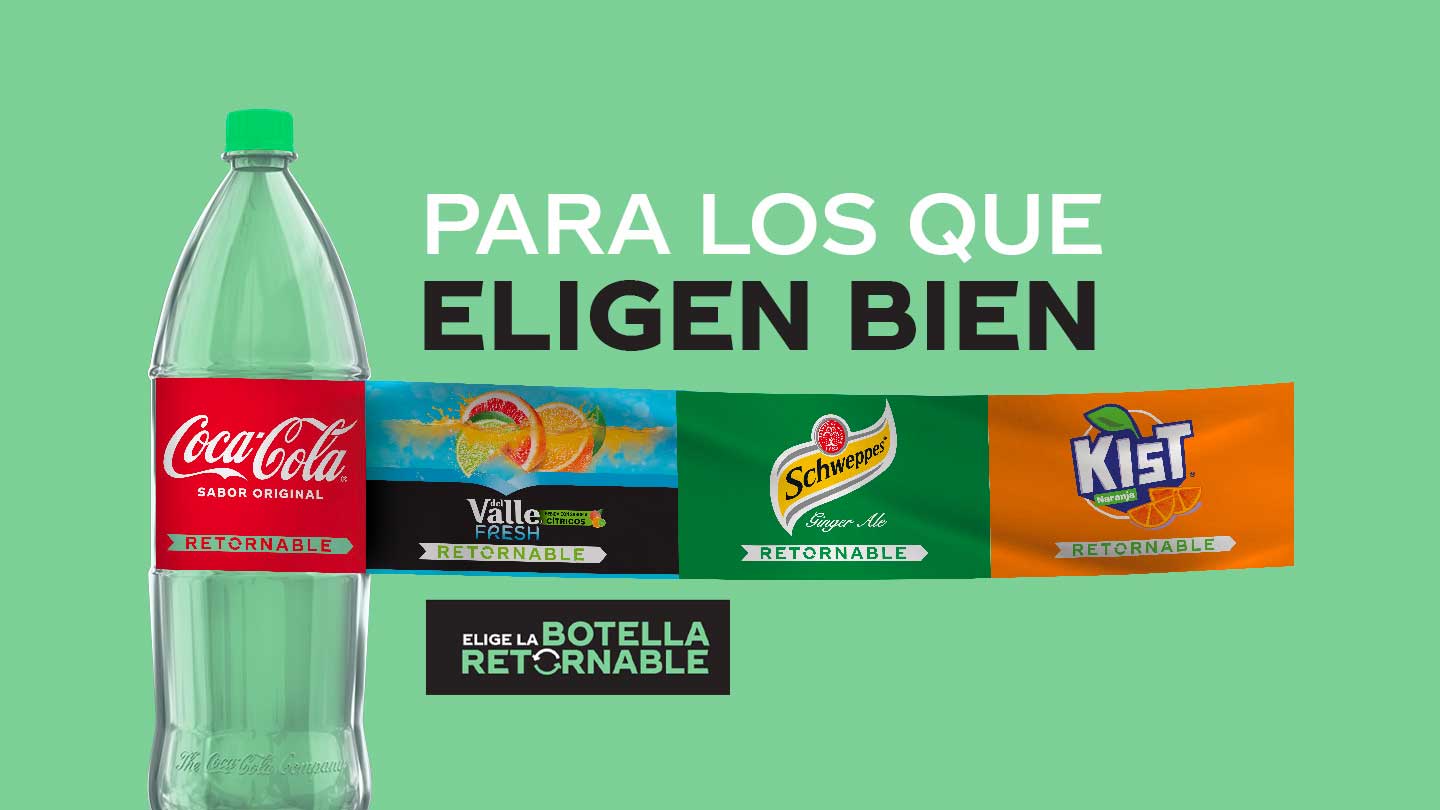 Botella de Coca-Cola junto a 3 logos de la marca con texto