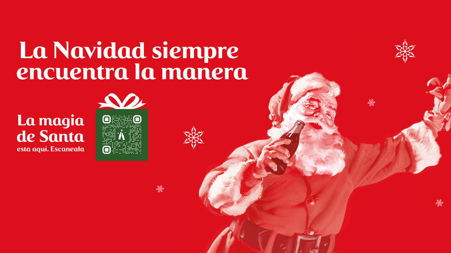   Papa Noel con una Coca-Cola sobre fondo rojo con texto