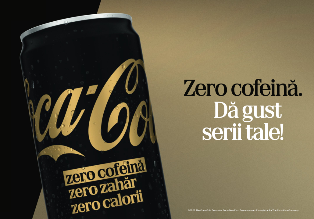 Un banner negru și bej cu o doză de Coca-Cola Zero Zero