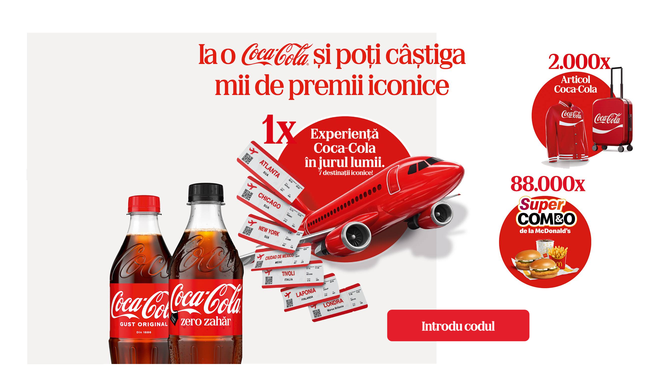 Un banner cu o doză de Coca-Cola, o sticlă de sticlă și o sticlă PET