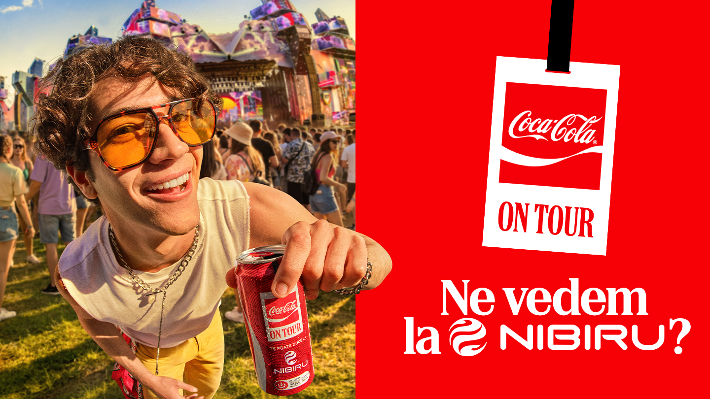 Un tanar aflat intr-un cadru de festival, alaturi de un fundal rosu cu textul Ne vedem la Nibiru