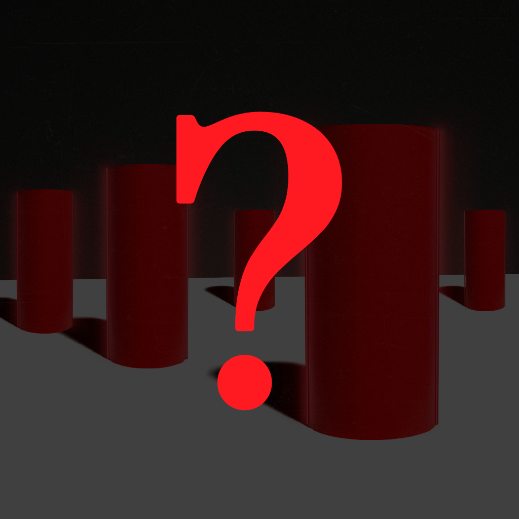 Semn de întrebare mare, roșu aprins, plasat în centrul imaginii, pe un fundal întunecat cu forme cilindrice roșii de diferite dimensiuni, iluminate discret și proiectând umbre pe o suprafață gri.
