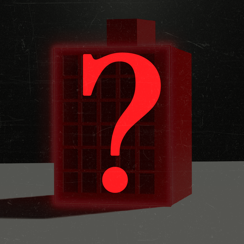 Semn de întrebare mare, roșu aprins, suprapus peste o structură cubică roșie cu model de grilaj pe fața frontală, așezată pe o suprafață gri, cu fundal întunecat și efect de lumină roșiatică în jurul obiectului.