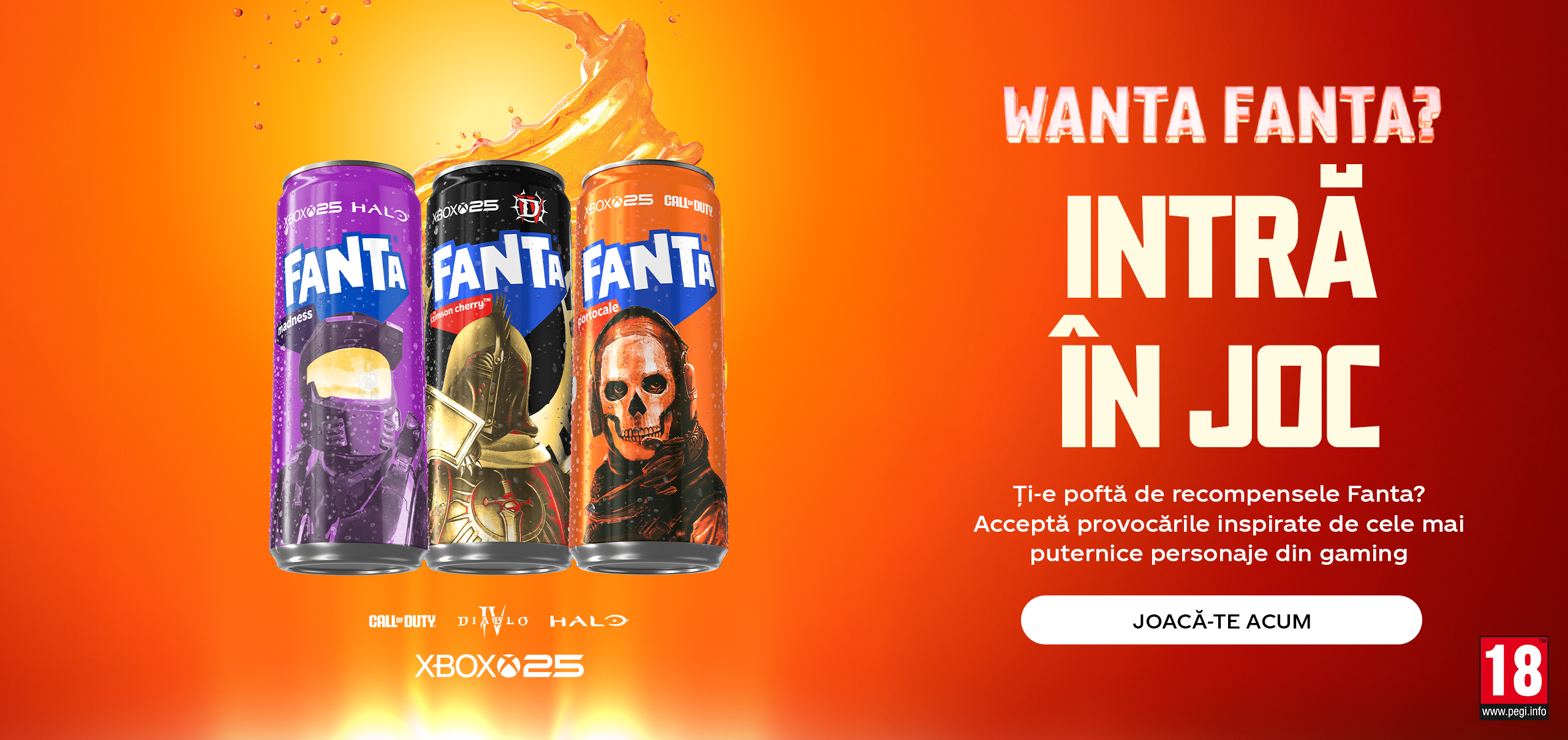 Un banner cu doze Fanta iesind dintr-un cufar de comori
