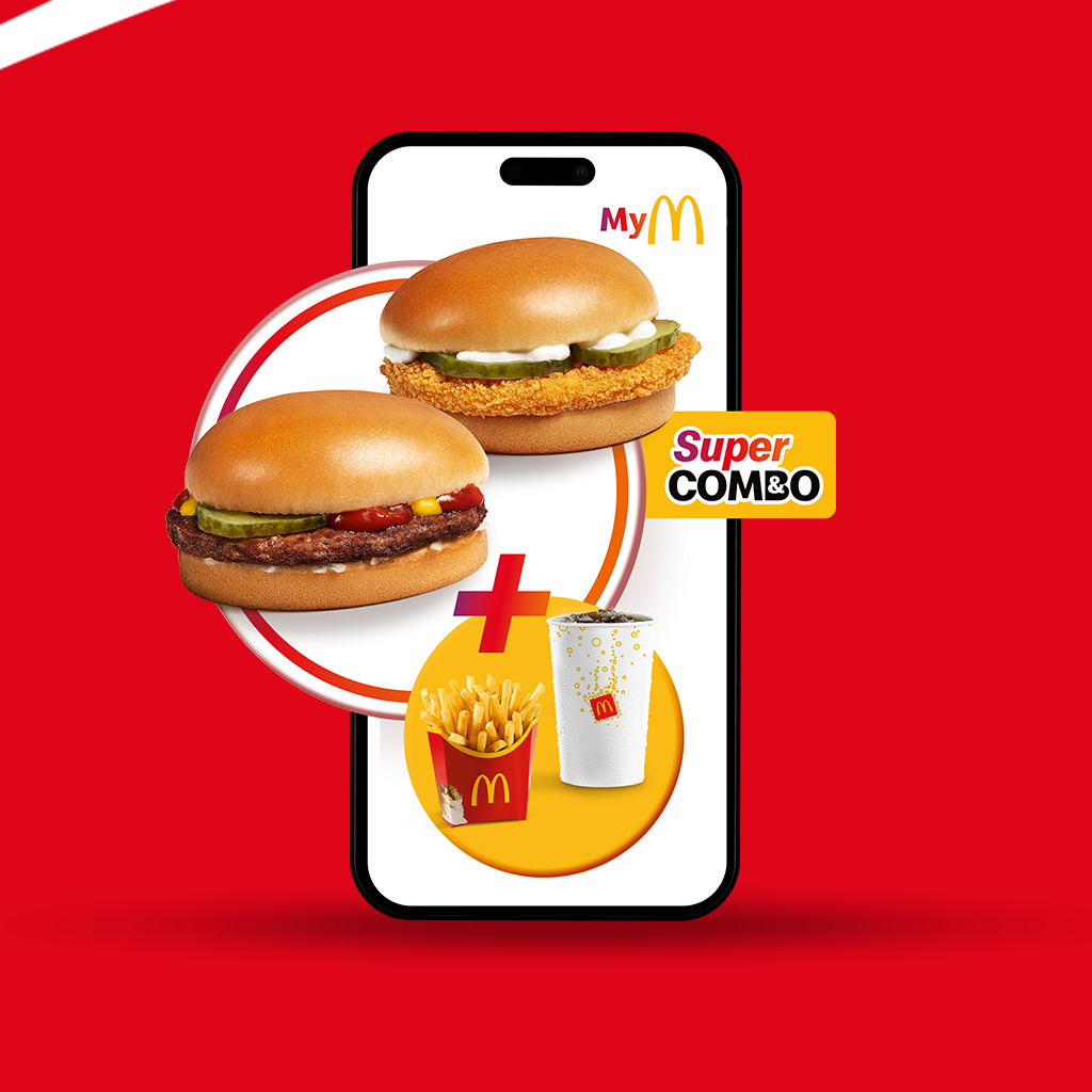 Un banner roșu cu produse McDonalds și ecran de telefon