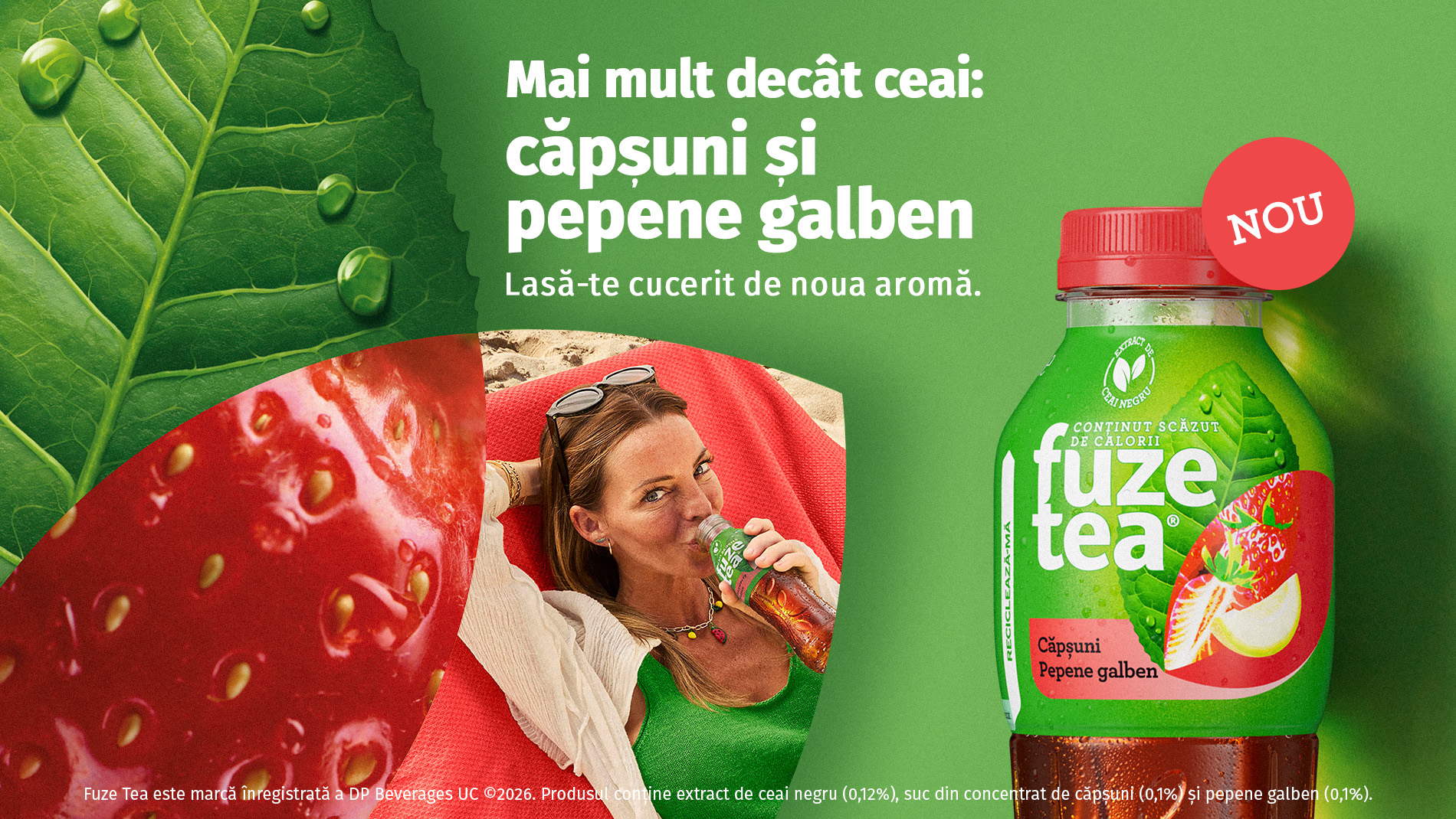 Un banner verde cu o fotografie a noului Fuze Tea Strawberry Melon