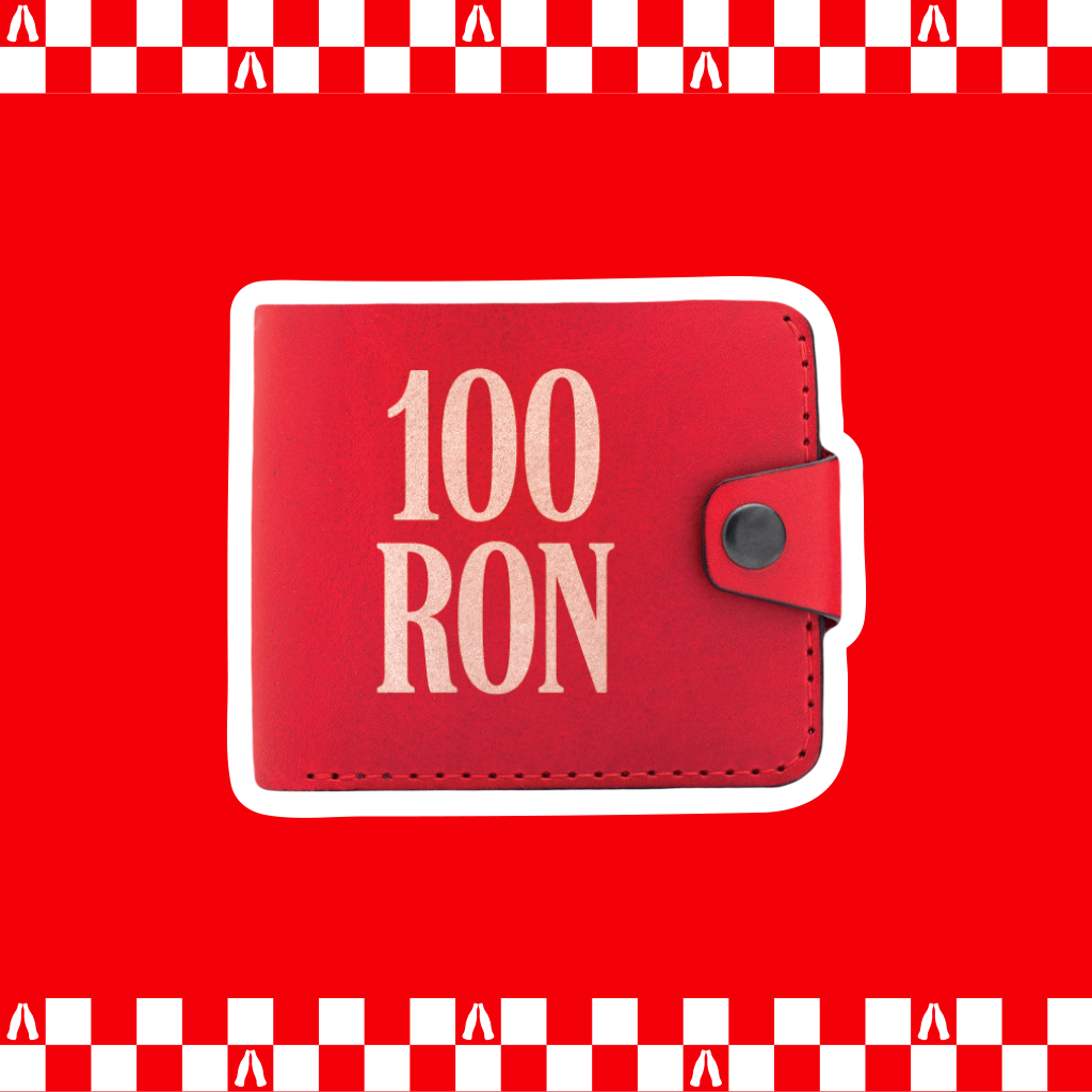 Un portofel cu textul 100 RON pe un fundal rosu