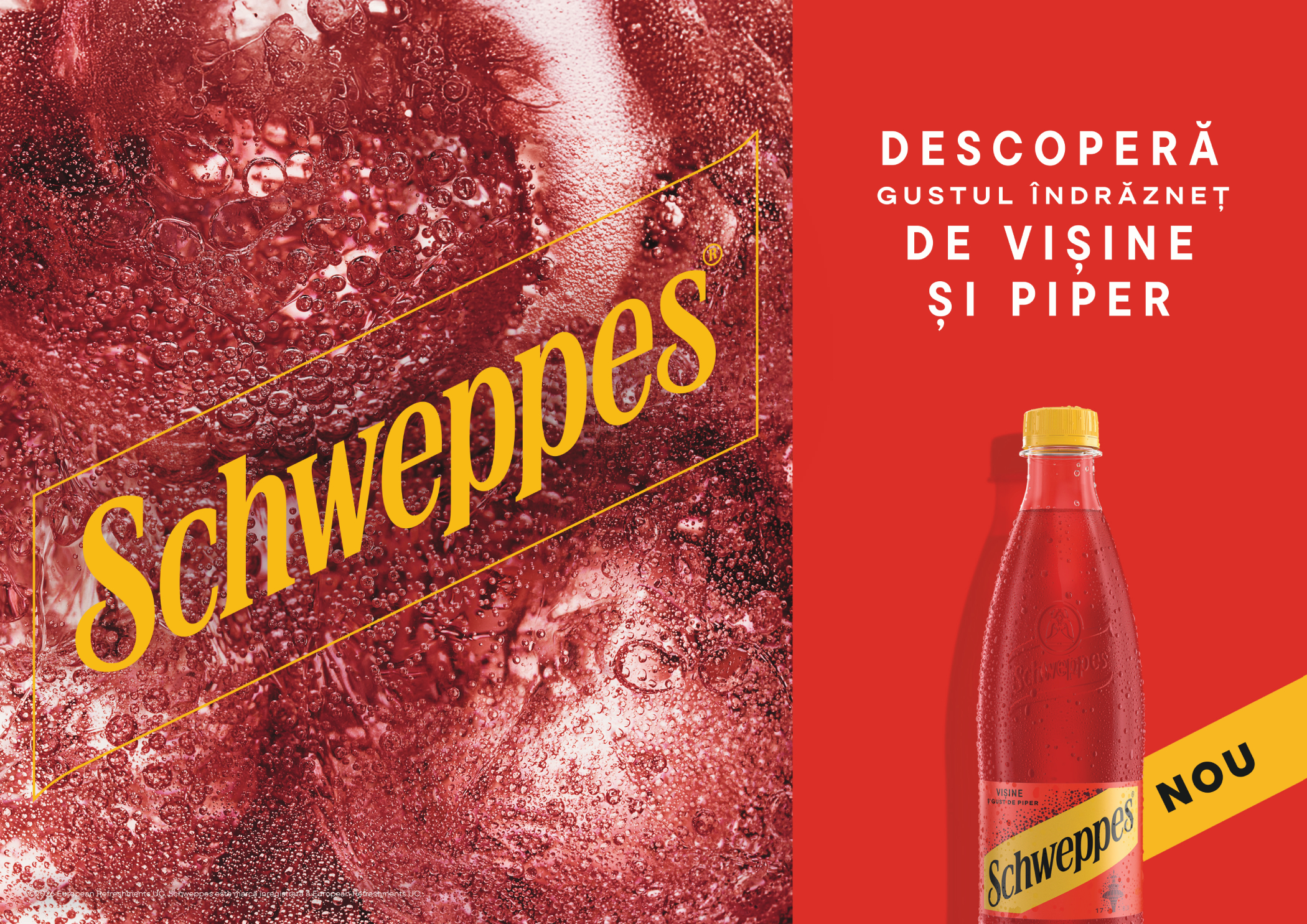 Pahar de Schweppes cu aromă de vișine și piper, promovată pe un fundal roșu