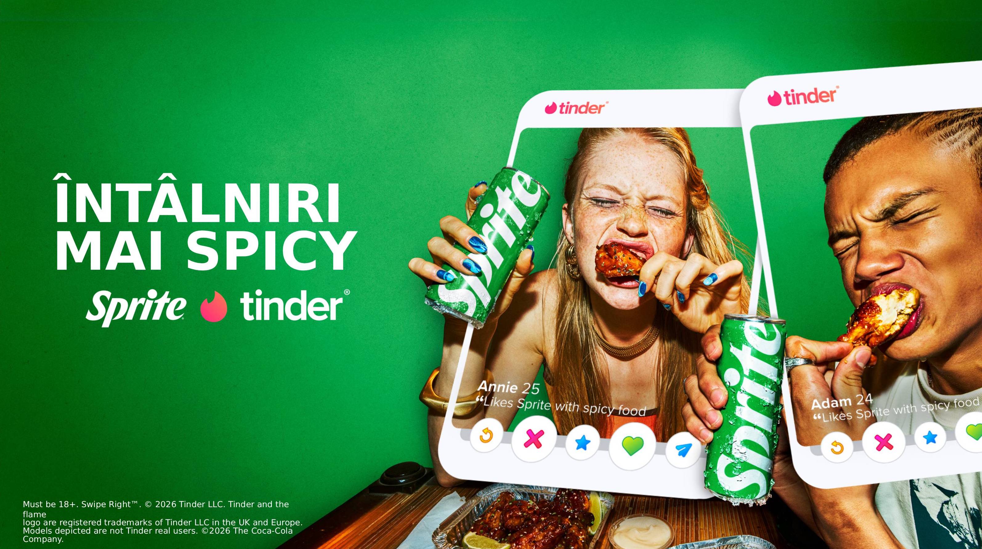 un banner verde cu un bărbat și o femeie care mănâncă mâncare picantă și beau Sprite