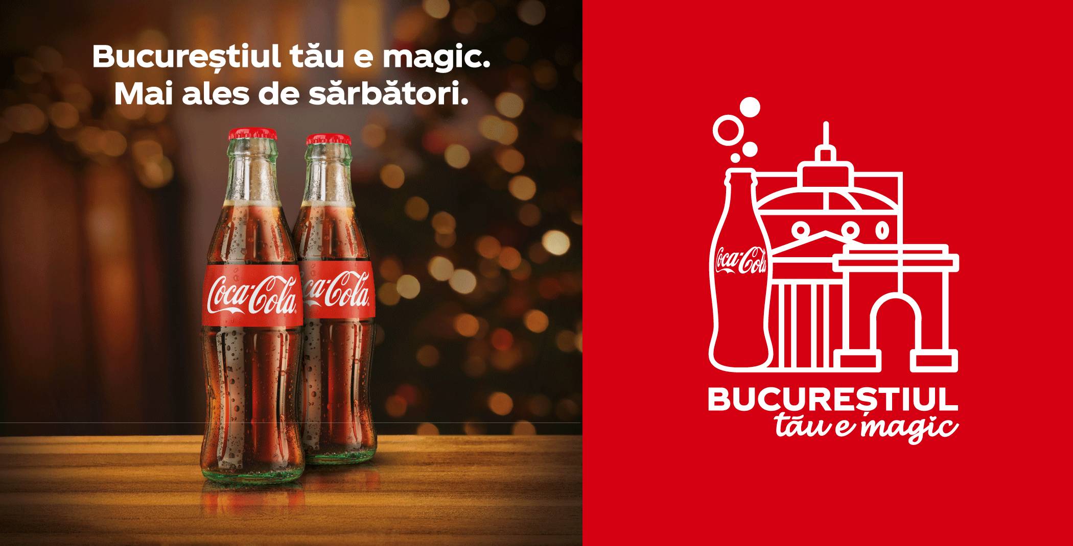 Două sticle de Coca-Cola în fața unui brad de Crăciun