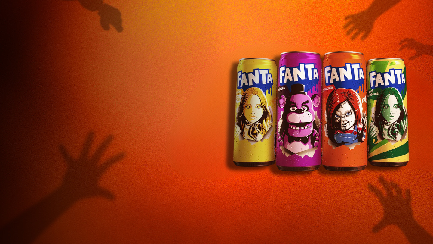 Set of Fanta cans with images of the characters Chucky, M3gan, Freddy Fazbear, Michael Myers and The Grabber featured on them.