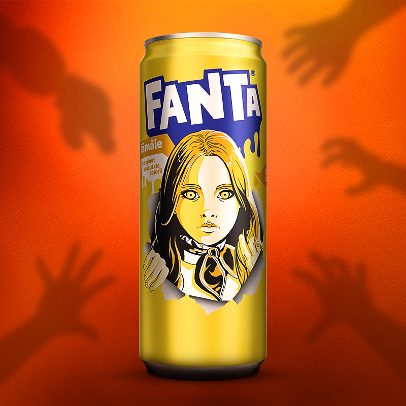doza de Fanta Lămâie x M3GAN ediție limitată de Halloween