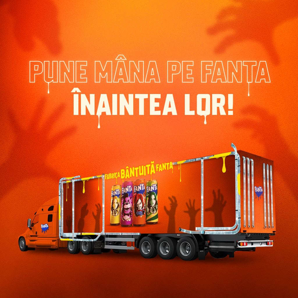 Un banner cu o imagine a caravanei Fanta de Halloween