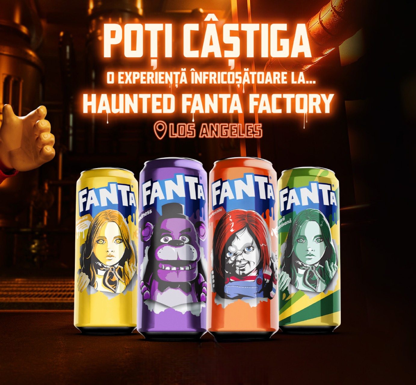 un banner cu patru doze Fanta Halloween în ediție limitată și un îndemn la acțiune pentru a câștiga un premiu
