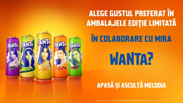 Doze de bauturi Fanta in editie limitată, cu imaginea cantaretei Mira.