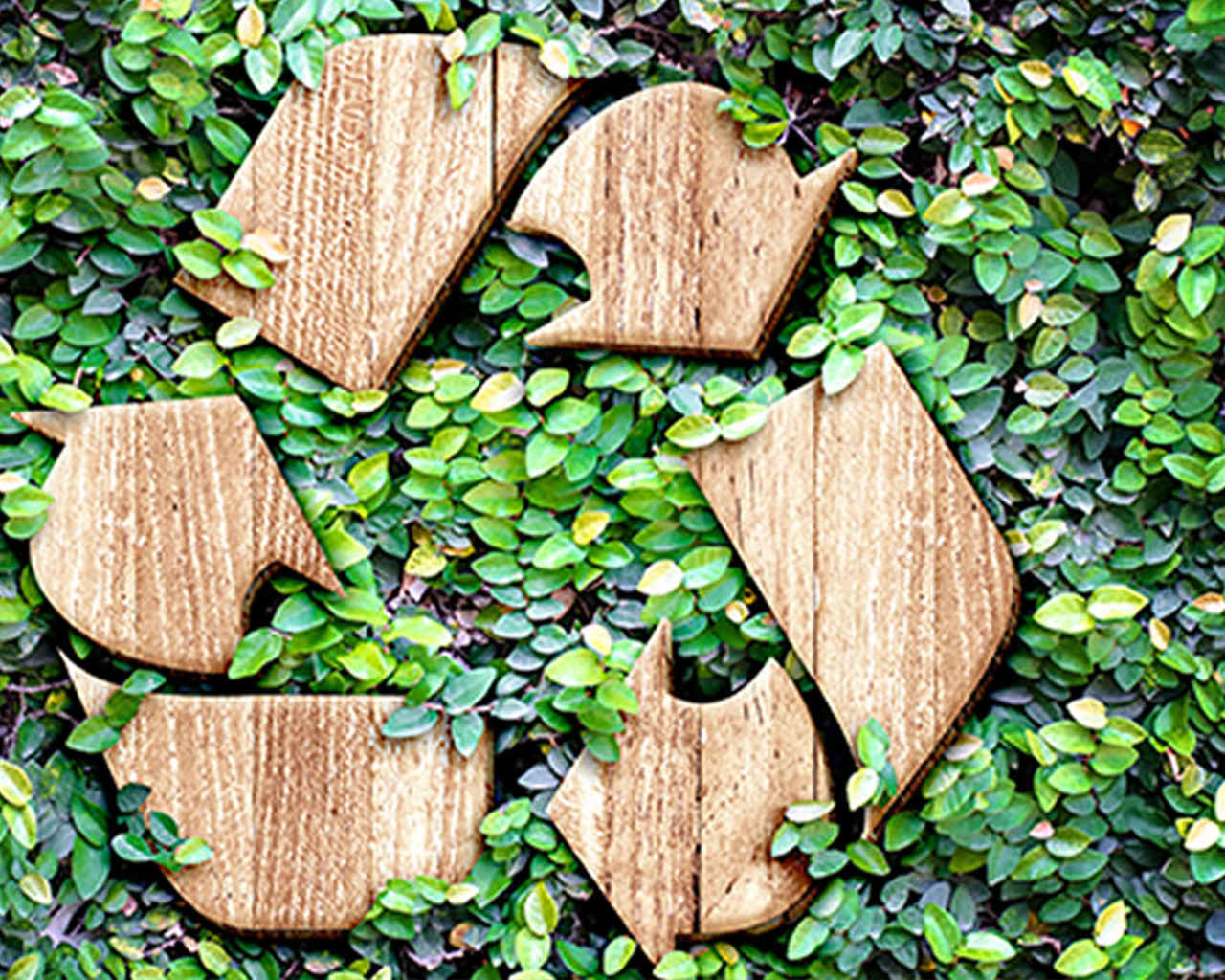 Simbolul de reciclare alcătuit din piese de lemn, pe fundalul unui frunziș des, verde.