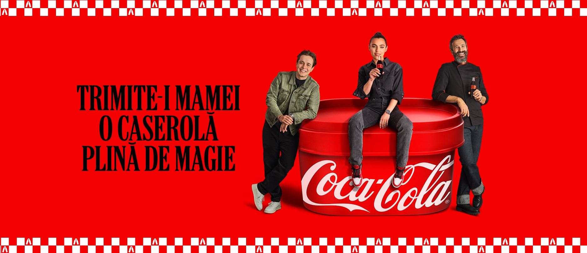 Banner al campaniei Coca-Cola Meals - trimite-i mamei o caserola plina de magie, cu Chef Tand, Alessia Eram si Aris Eram, pe o caserola Coca-Cola