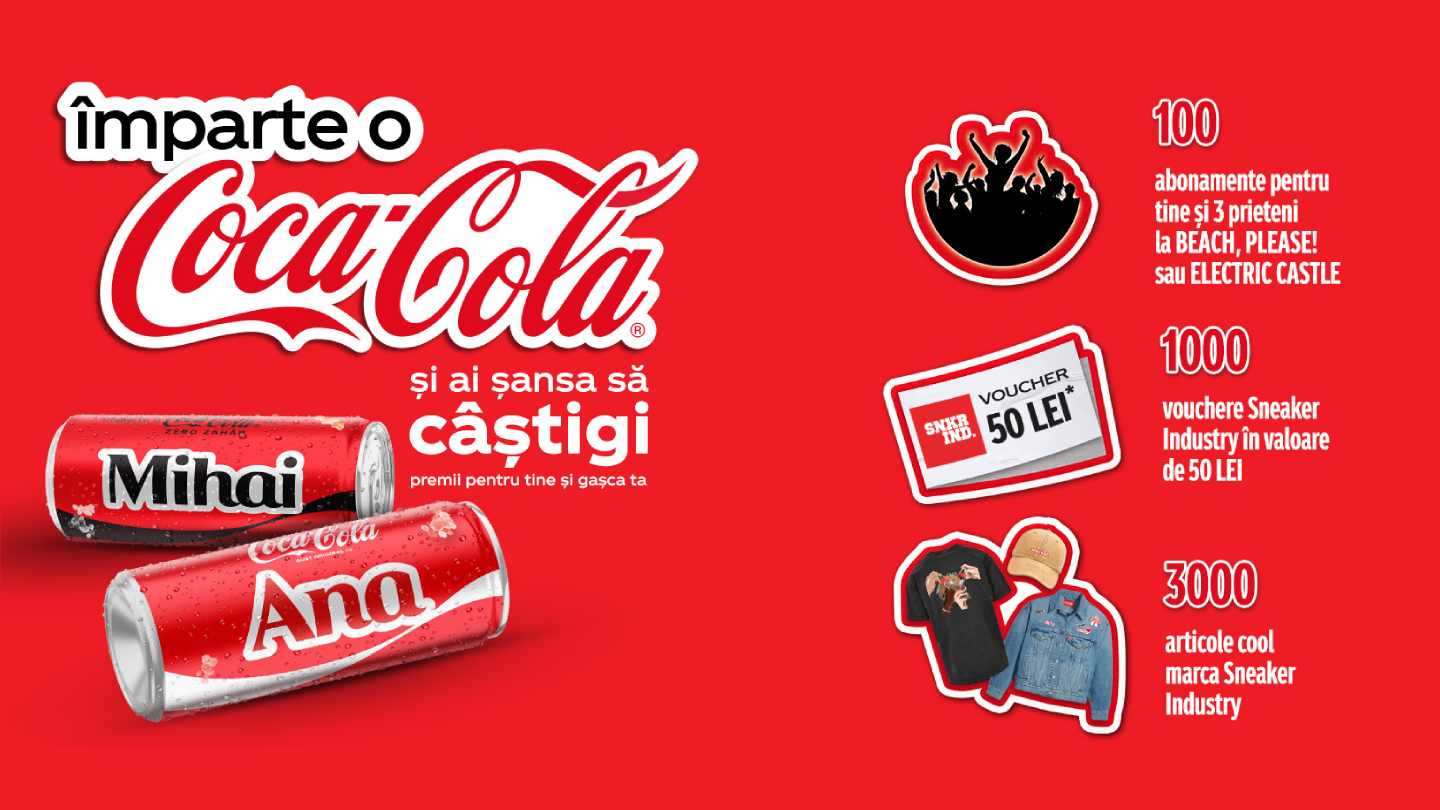 Înscrie-te pentru a avea șansa să câștigi premii cu Împarte o Coca-Cola