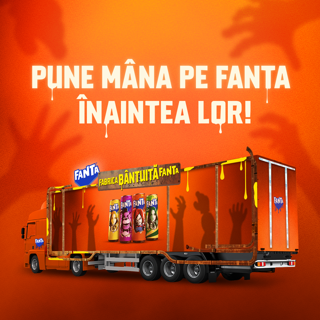 Un banner cu o imagine a caravanei Fanta de Halloween