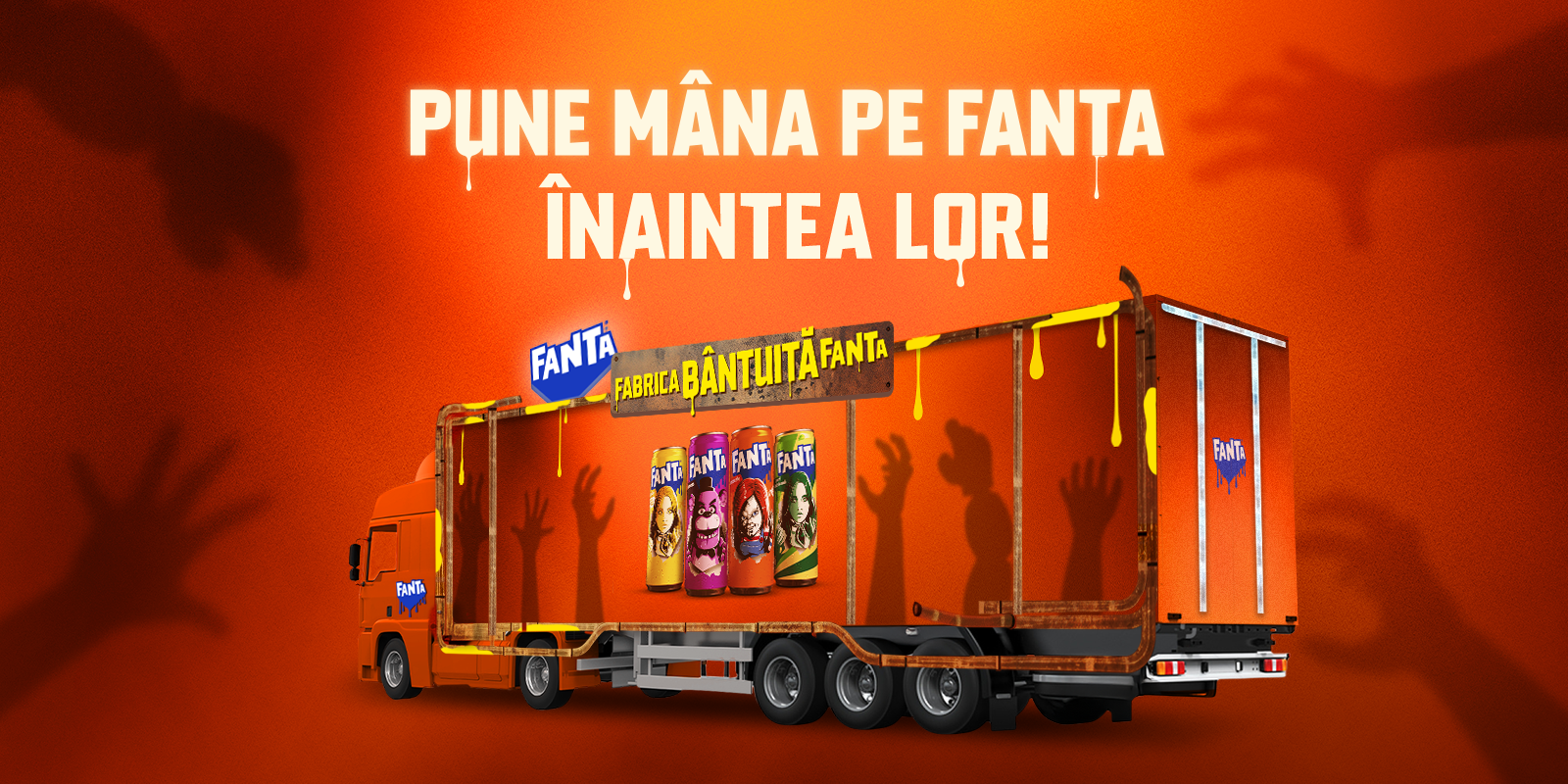 Un banner cu o imagine a caravanei Fanta de Halloween