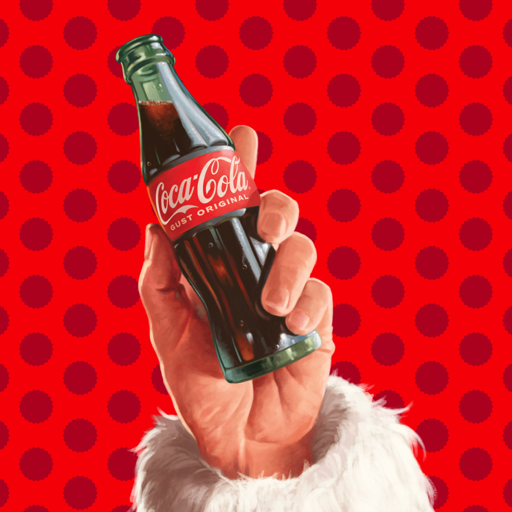 Mâna lui Moș Crăciun ținând o sticlă de Coca-Cola