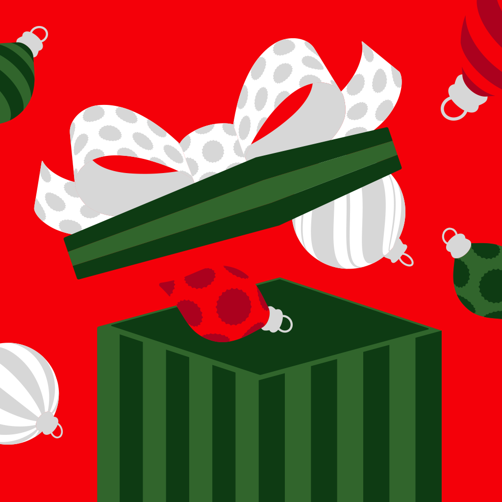 Un banner roșu cu un cadou verde deschis