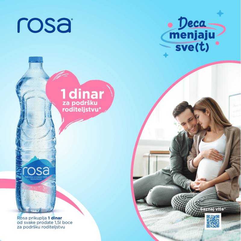 Reklama za vodu Rosa sa porukom o donaciji 1 dinara i prikazom porodice sa bebom u domu.