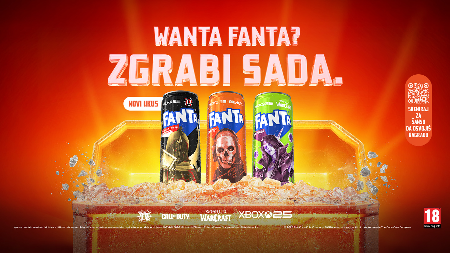 A rewards chest opened to reveal Fanta cans featuring characters from Forza Horizon 6, Call of Duty, Diablo IV, Halo and World of Warcraft. Text reads: "Wanta Fanta? Come get it."