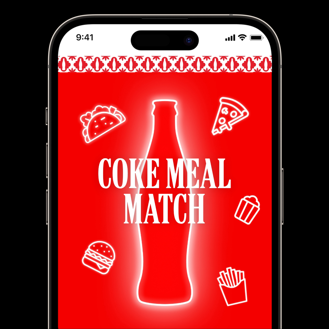 Ekran pametnog telefona koji prikazuje igru **Coke Meal Match**. U centru ekrana nalazi se silueta Coca‑Cola flaše, oko koje su raspoređene grafike različitih vrsta hrane.