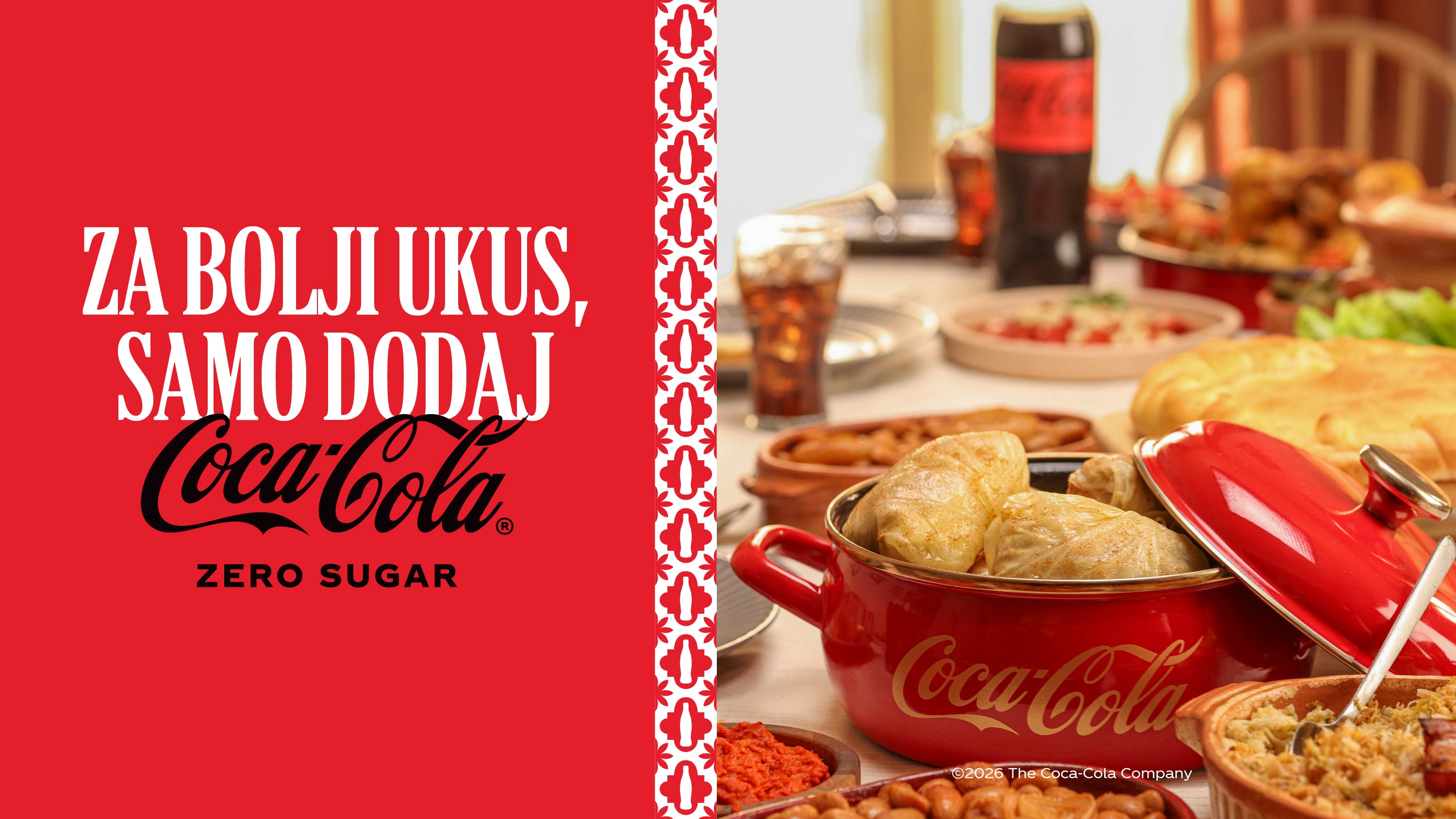 Promotivni baner Coca‑Cola Zero Sugar sa porukom „Za bolji ukus, samo dodaj Coca‑Cola“ i prikazanom trpezom sa hranom.