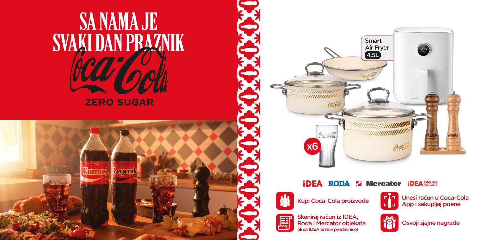 Naravno, evo alt teksta u jednoj rečenici na srpskom:    **Alt tekst:**   Promotivni poster Coca-Cola Zero Sugar akcije “Sa nama je svaki dan praznik” sa prikazom proizvoda i nagrada uz uputstvo za kupovinu, skeniranje računa i osvajanje poklona