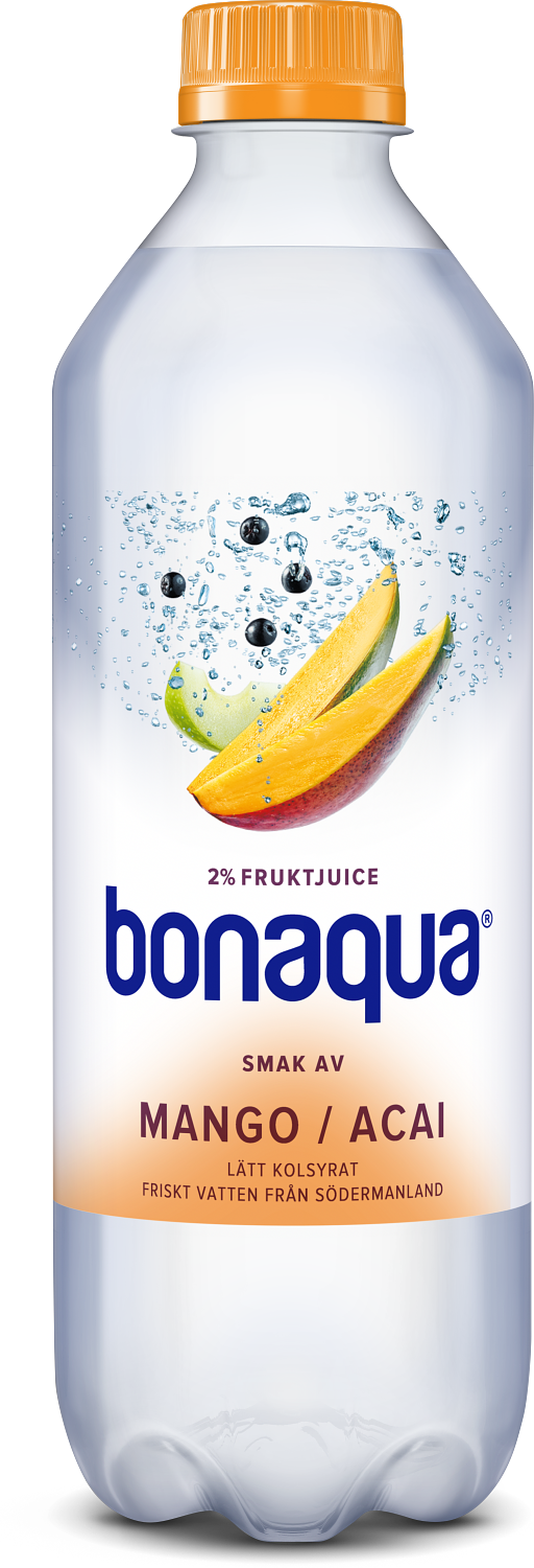 En flaska med Bonaqua Mango Acai -  En kolsyrad dryck med en härlig tropisk fruktsmak gjord med vatten från Södermanland.