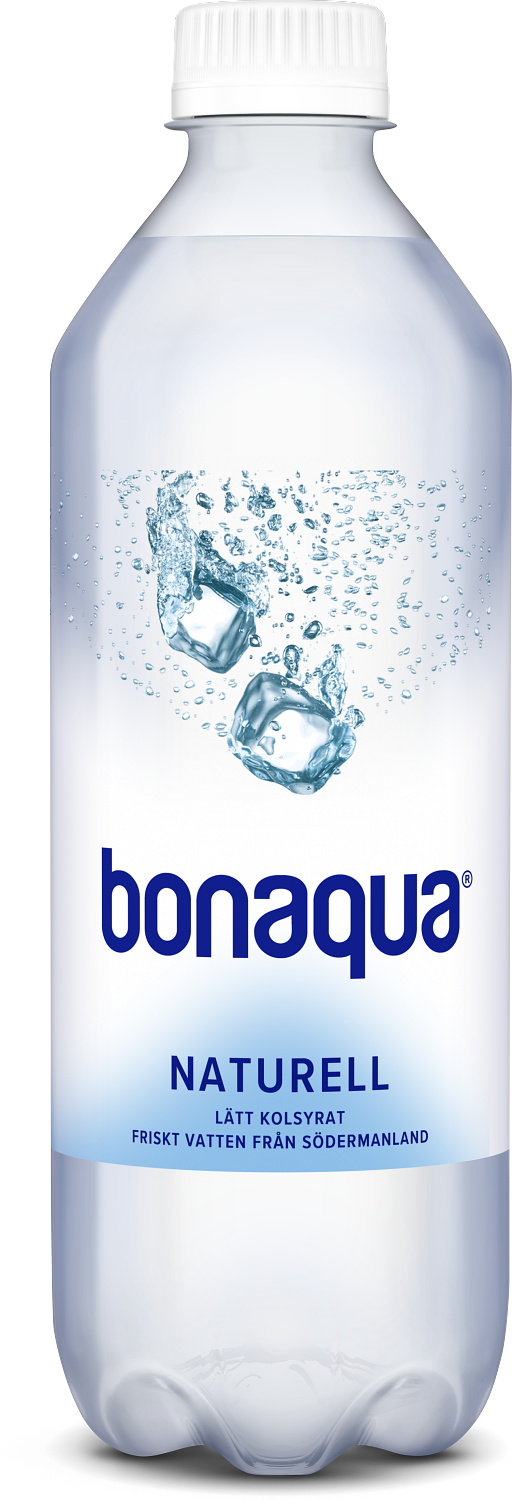 En flaska med Bonaqua Naturell - Friskt och kolsyrat vatten från Södermaland.