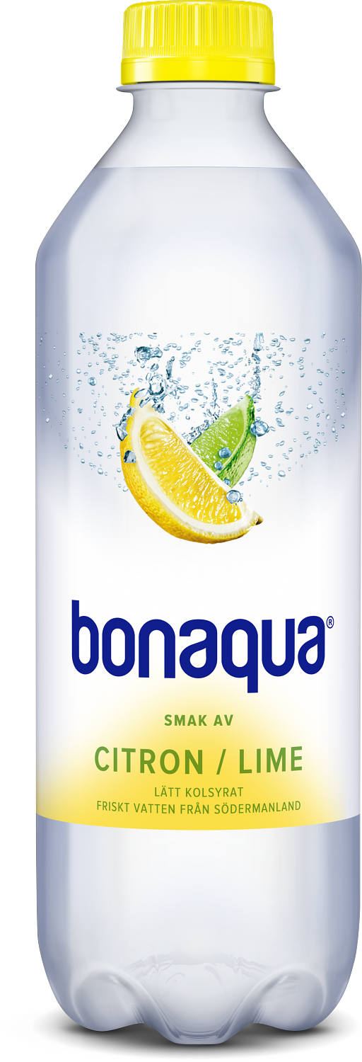 En flaska med Bonaqua Citron Lime -  En kolsyrad dryck med vatten från Södermanland.